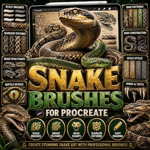 Snake Brushes for Procreate, Snake Scale Brushes, Reptile Texture Brushes, Snake Head Stamps, Python Scales, Cobra Drawing Brushes, Wildlife