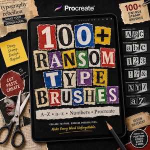 Könnte beinhalten: Ein digitales Kunstdesign mit einem Tablet, das "100+ Ransom Type Brushes" mit einer Collage-Ästhetik anzeigt. Das Bild enthält Text wie "Make Every Word Unforgettable" und "Design Different" mit Beispielen für Stempelpinsel. Schere und Papier sind ebenfalls sichtbar.