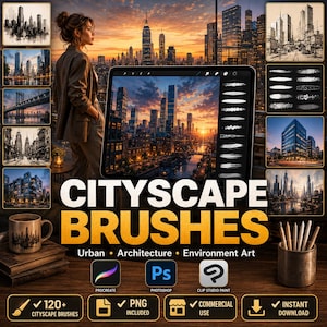 Puede incluir: Una pantalla de producto digital con una tableta que muestra una ilustración urbana, rodeada de imágenes de ciudades más pequeñas y muestras de pinceles. El texto dice CITYSCAPE BRUSHES, Urban, Architecture, Environment Art, 120+, PNG, Commercial Use.