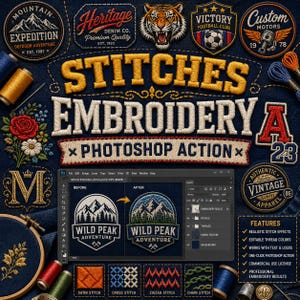 titches Embroidery Photoshop Action | Realistic Embroidery Effect | Embroidered Logo Maker | Patch Creator | Thread Text Effect