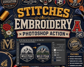 Acción de Photoshop para bordado de puntadas | Efecto de bordado realista | Creador de logotipos bordados | Creador de parches | Efecto de texto de hilo