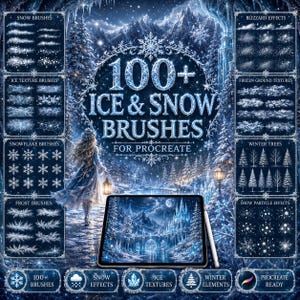 May include: A digital collection of 100+ Ice & Snow Brushes for Procreate, featuring panels of snow, ice, snowflake, frost, blizzard, frozen ground, winter tree, and particle effects, displayed with a tablet and stylus on a winter scene.