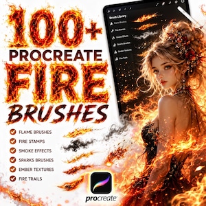 Puede incluir: Una pantalla de producto digital con más de 100 pinceles de fuego para Procreate. El texto dice 100+ PROCREATE FIRE BRUSHES con una lista de pinceles de llama, sellos de fuego, efectos de humo, pinceles de chispas, texturas de brasas y rastros.