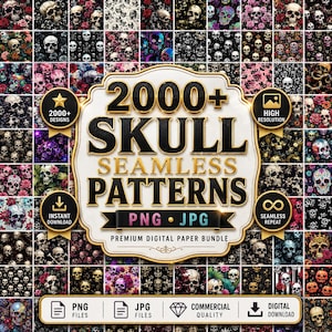 May include: A digital collection of over 2000 seamless skull patterns featuring diverse floral, dark, and colorful motifs. The central white label displays the text 2000+ SKULL SEAMLESS PATTERNS PNG JPG, accompanied by icons for high resolution and instant download.
