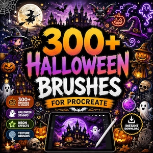 May include: A digital collection of 300+ Halloween brushes for Procreate featuring a vibrant graphic with a haunted castle, pumpkins, ghosts, a witch, and a black cat. The text reads 300+ HALLOWEEN BRUSHES FOR PROCREATE with neon accents.