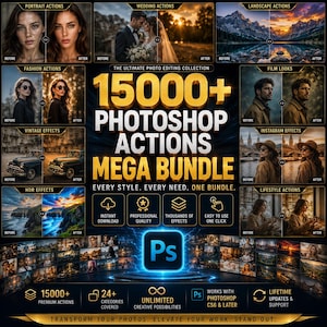 May include: A digital product advertisement for a 15000+ Photoshop Actions Mega Bundle. The graphic features gold text, a blue Adobe Photoshop icon, and various before-and-after photo editing examples including portraits, weddings, and landscapes.