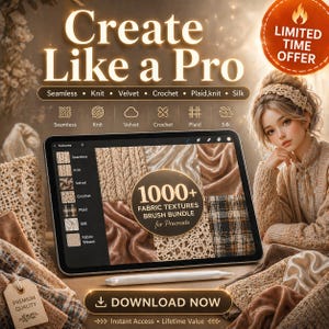 Puede incluir: Anuncio de un paquete de arte digital. La imagen muestra una tableta que muestra texturas de tela, con el texto "Create Like a Pro". El paquete ofrece m&aacute;s de 1000 texturas de tela para Procreate, incluyendo punto, terciopelo y seda. Tambi&eacute;n se ve un l&aacute;piz &oacute;ptico y una mujer.