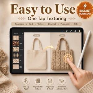 Puede incluir: Ilustraci&oacute;n digital que muestra una tableta con una comparaci&oacute;n de antes y despu&eacute;s de un bolso de mano. El bolso "antes" es liso, mientras que el bolso "despu&eacute;s" tiene textura. Los textos "Easy to Use" y "One Tap Texturing" se muestran en la parte superior. La imagen tambi&eacute;n incluye las palabras "Instant Download".