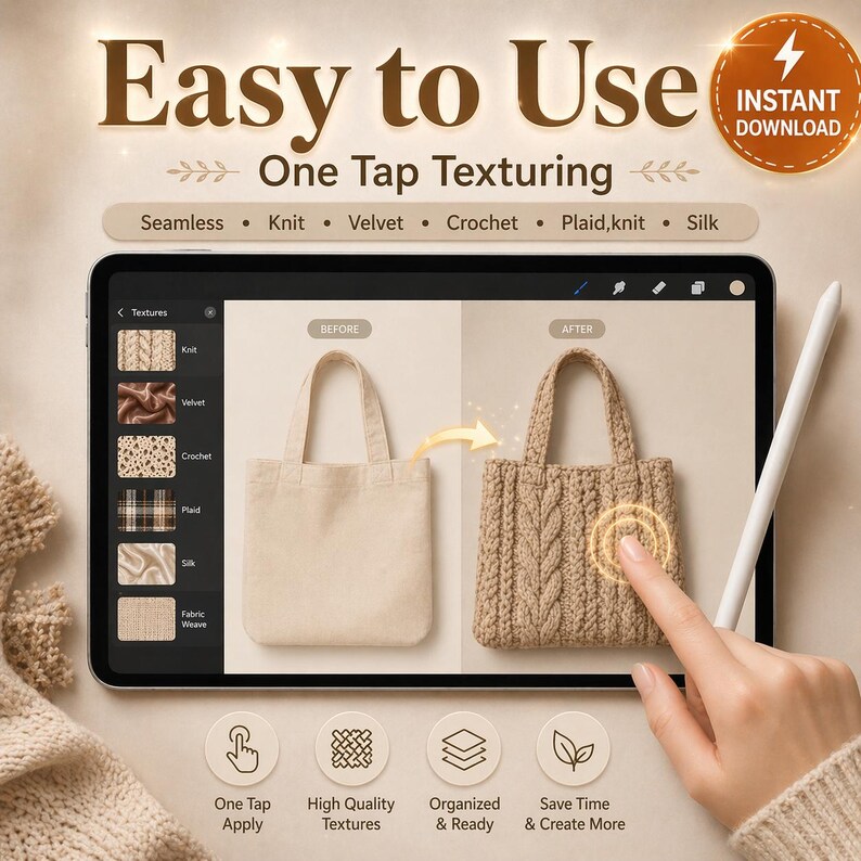 Puede incluir: Ilustraci&oacute;n digital que muestra una tableta con una comparaci&oacute;n de antes y despu&eacute;s de un bolso de mano. El bolso "antes" es liso, mientras que el bolso "despu&eacute;s" tiene textura. Los textos "Easy to Use" y "One Tap Texturing" se muestran en la parte superior. La imagen tambi&eacute;n incluye las palabras "Instant Download".