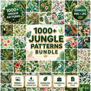 Könnte beinhalten: Eine digitale Sammlung von 1000+ Dschungelmustern mit tropischen Blättern, Hibiskusblüten, Jaguaren, Tukanen und Papageien. Der zentrale Text lautet 1000+ JUNGLE PATTERNS BUNDLE, ergänzt durch Symbole für Sofort-Download und kommerzielle Nutzung.
