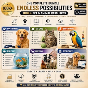 May include: An infographic promoting pet and animal care resources. It features sections on dog, cat, bird, fish, and livestock care, along with pet business guides. The image includes text such as "100K+ Resources" and "Endless Possibilities."