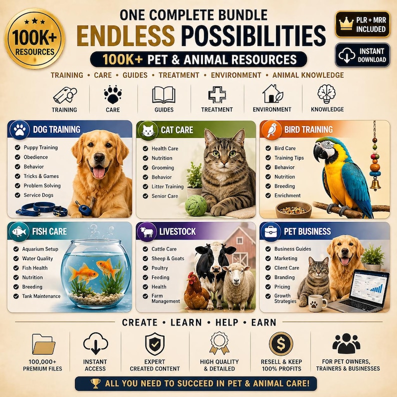 May include: An infographic promoting pet and animal care resources. It features sections on dog, cat, bird, fish, and livestock care, along with pet business guides. The image includes text such as "100K+ Resources" and "Endless Possibilities."