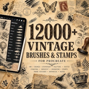 May include: A digital tablet displaying a Procreate brush library menu next to a stylus, surrounded by vintage-style graphics including a butterfly, postage stamps, a crown, and text reading 12000+ VINTAGE BRUSHES & STAMPS FOR PROCREATE.
