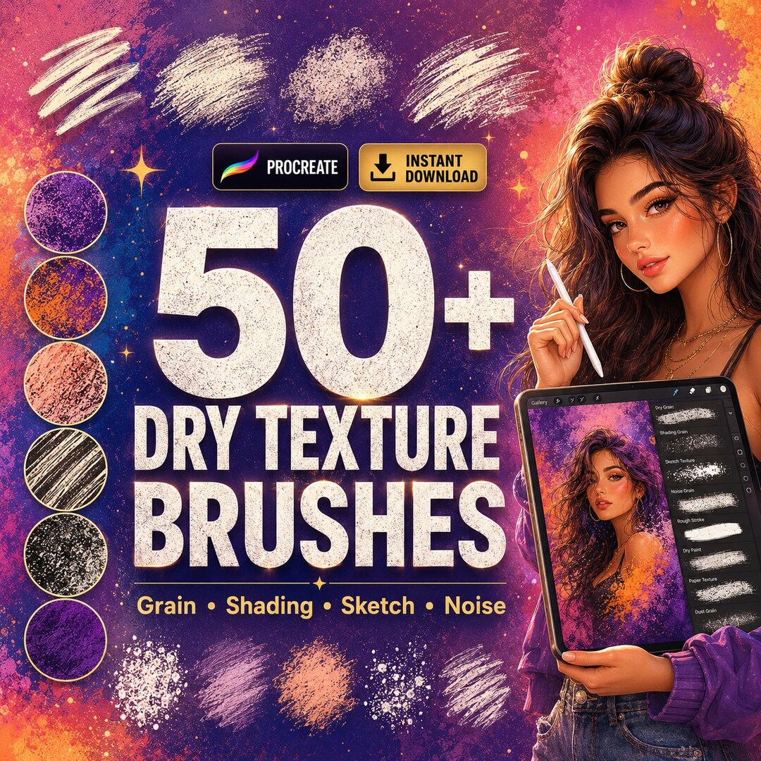 50+ Dry Texture Brushes for Procreate | Grain Brushes, Shading Brushes ...