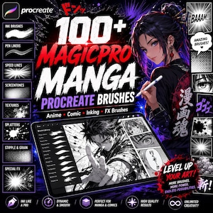 May include: Digital art advertisement for Procreate Manga brushes. The image features a tablet displaying manga art, with text reading "100+ MagicPro Manga Procreate Brushes." The image includes a manga-style illustration of a woman holding a stylus.