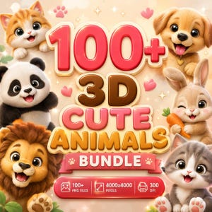 Könnte beinhalten: Ein farbenfrohes digitales Kunstpaket mit einer Vielzahl von 3D-Cartoon-Tieren, darunter eine Katze, ein Hund, ein Panda, ein Löwe und ein Kaninchen. Der Text lautet "100+ 3D Cute Animals Bundle" in rosa und braunen Buchstaben. Enthält 100+ PNG-Dateien, 4000x4000 Pixel.