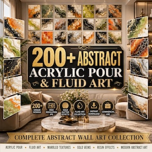 Könnte beinhalten: Eine digitale Sammlung von über 200 abstrakten Acryl-Pouring- und Fluid-Art-Designs mit marmorierten Texturen, goldenen Adern und Harzeffekten. Die Anzeige umfasst verschiedene quadratische und rechteckige Kunstwerke in Orange-, Grün-, Schwarz- und Weißtönen.