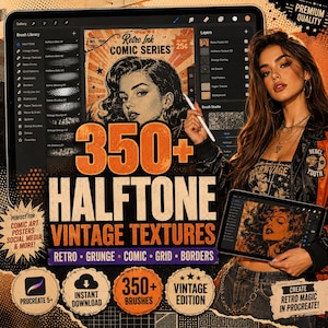 Könnte beinhalten: Werbung für ein digitales Kunstprodukt. Das Bild zeigt eine Frau, die ein Tablet mit einer Retro-Comic-Illustration hält. Der Text hebt "350+ Halftone Vintage Textures" für Procreate 5+ hervor, mit Schlüsselwörtern wie "Retro, Grunge, Comic, Grid, Borders".
