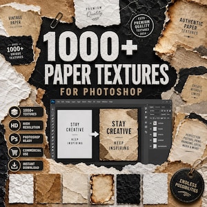 1000+ Paper Textures for Photoshop | Torn Paper, Kraft Paper, Crumpled Paper, Burnt Edge, Black & White Paper Texture | Digital Paper Bundle