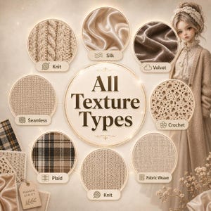 Puede incluir: Ilustraci&oacute;n que muestra varias texturas de tela, incluyendo punto, seda, terciopelo, ganchillo, cuadros y tejido de tela. El texto central dice "All Texture Types". La imagen tiene una paleta de colores c&aacute;lidos, con una mujer con un atuendo beige en el fondo.