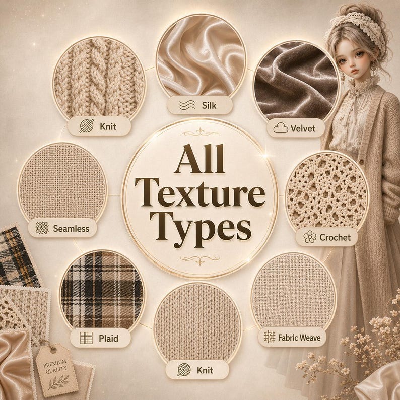 Puede incluir: Ilustraci&oacute;n que muestra varias texturas de tela, incluyendo punto, seda, terciopelo, ganchillo, cuadros y tejido de tela. El texto central dice "All Texture Types". La imagen tiene una paleta de colores c&aacute;lidos, con una mujer con un atuendo beige en el fondo.