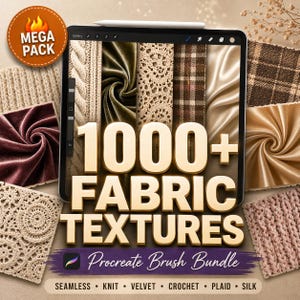 Puede incluir: Una tableta digital muestra diversas texturas de tela, incluyendo punto, terciopelo y seda. El texto "1000+ FABRIC TEXTURES" se destaca, junto con "Procreate Brush Bundle". Una insignia de "MEGA PACK" est&aacute; en la esquina superior izquierda.