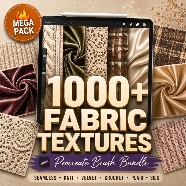 Puede incluir: Una tableta digital muestra diversas texturas de tela, incluyendo punto, terciopelo y seda. El texto "1000+ FABRIC TEXTURES" se destaca, junto con "Procreate Brush Bundle". Una insignia de "MEGA PACK" est&aacute; en la esquina superior izquierda.