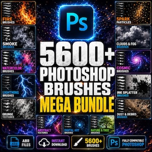 Peut inclure: Visuel numérique pour un pack de pinceaux Photoshop. L'image présente le logo Photoshop et le texte "5600+ Photoshop Brushes Mega Bundle". Différentes catégories de pinceaux sont présentées, telles que feu, fumée, aquarelle, éclairs et textures grunge. Inclut "Fichiers ABR".