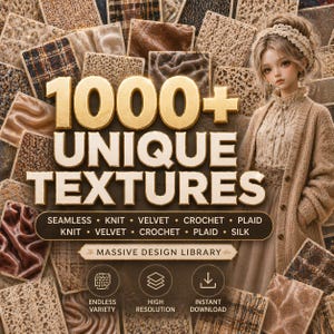 Puede incluir: Imagen que muestra una colecci&oacute;n de m&aacute;s de 1000 texturas &uacute;nicas, incluyendo dise&ntilde;os de punto, terciopelo, ganchillo y cuadros sin costuras. El texto destaca una gran biblioteca de dise&ntilde;o con variedad infinita, alta resoluci&oacute;n y descarga instant&aacute;nea. Una mujer est&aacute; en el fondo.