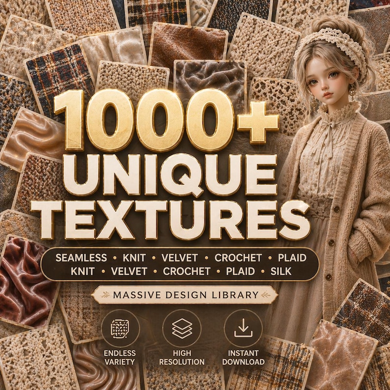 Puede incluir: Imagen que muestra una colecci&oacute;n de m&aacute;s de 1000 texturas &uacute;nicas, incluyendo dise&ntilde;os de punto, terciopelo, ganchillo y cuadros sin costuras. El texto destaca una gran biblioteca de dise&ntilde;o con variedad infinita, alta resoluci&oacute;n y descarga instant&aacute;nea. Una mujer est&aacute; en el fondo.