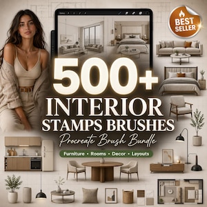 May include: A digital art bundle advertisement featuring a woman and a tablet displaying interior design sketches. The text reads "500+ Interior Stamps Brushes Procreate Brush Bundle." Additional images showcase furniture, rooms, decor, and layouts.