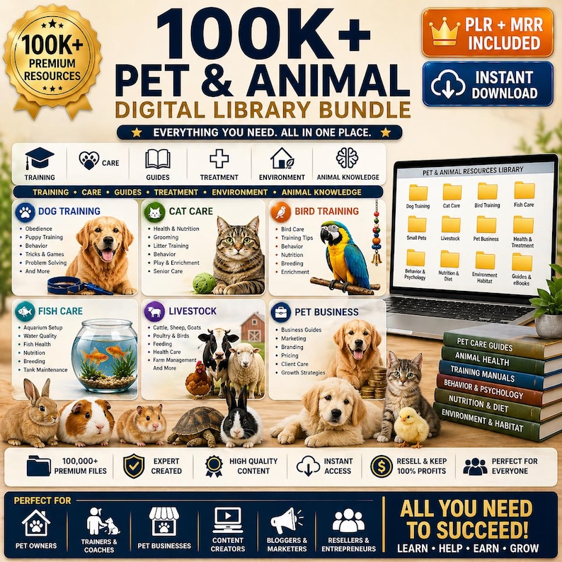 May include: A promotional graphic for a digital library bundle focused on pets and animals. The image features various animals, including a dog, cat, parrot, and livestock, along with a laptop displaying resources. Text includes "100K+ Premium Resources" and "Instant Download."