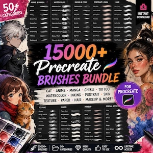 Könnte beinhalten: Eine digitale Produktwerbung für ein 15000+ Procreate Pinsel-Bundle mit Anime-Charakteren, Katzen und Aquarellillustrationen. Der Text enthält 50+ Kategorien, Sofort-Download und eine Liste von Pinseltypen wie Textur, Papier und Make-up.
