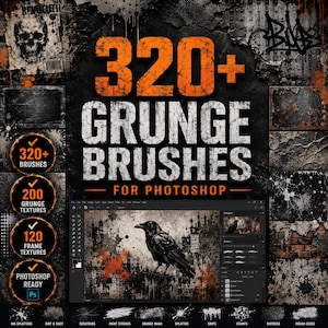 Könnte beinhalten: Eine digitale Sammlung von 320+ Grunge-Pinseln für Photoshop mit einer dunklen, abgenutzten Ästhetik und orangefarbenen sowie weißen Texteinblendungen. Die Anzeige enthält eine zentrale Rabenillustration, verschiedene Texturbeispiele und Symbole für Tintenspritzer, Kratzer und Pinselstriche.