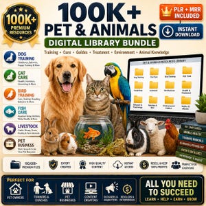 May include: A digital library bundle for pets and animals, featuring a golden retriever, cat, parrot, and other animals. The image includes text such as "100K+ Pet & Animals" and "Instant Download". It also includes icons for pet owners, trainers, and businesses.