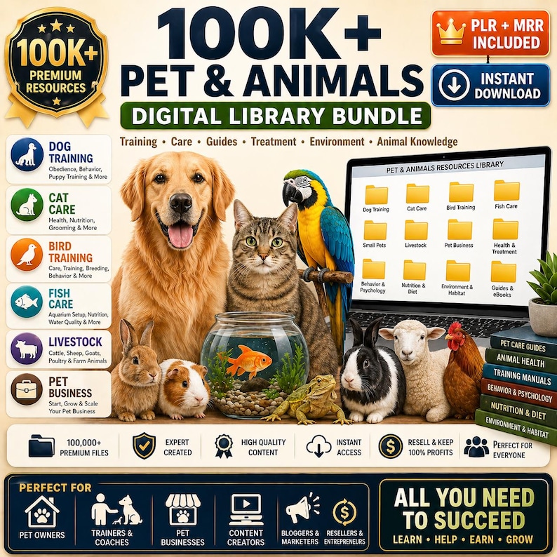 May include: A digital library bundle for pets and animals, featuring a golden retriever, cat, parrot, and other animals. The image includes text such as "100K+ Pet & Animals" and "Instant Download". It also includes icons for pet owners, trainers, and businesses.