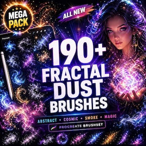 Könnte beinhalten: Werbung für ein digitales Kunstprodukt. Das Bild zeigt ein Tablet mit Fraktalpinseln, einen Stift und eine Frau, die eine leuchtende Kugel hält. Der Text enthält "MEGA PACK", "ALL NEW" und "190+ FRACTAL DUST BRUSHES". Stichwörter: Abstrakt, Kosmisch, Rauch, Magie.