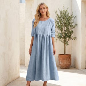 Organic Linen Cotton Dress, Summer Loose Casual Dress with Pockets, 3/4 Sleeve Midi Long, Relaxed Soft Lightweight Blue