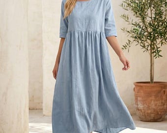 Blaues Leinen-Baumwoll-Picknickkleid, lässiges Sommerkleid mit Taschen, 3/4-Ärmel Midi lang, entspannter übergroßer hellblauer Alltag