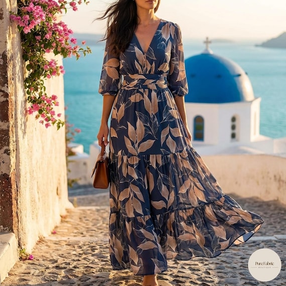 boho navy maxi dress Blue Chiffon Dress, Floral Leaf Print V Neck, Long Puff Sleeve Dress, Mediterranean Vacation Summer Beach Evening Sundress filter_ColourToneDisplay:Classic Tones Womens Dresses For Prom Sleeve Length:Extra Long - 38