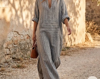 Linen Maxi Dress Women, Grey Striped Kaftan with Pockets, Boho Summer Maxi Loose Fit V-Neck Long Dress, Casual Beach Striped Loungewear