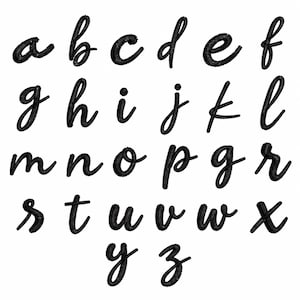 May include: A complete set of lowercase letters from a to z, rendered in a black, cursive, embroidered-style font. Each character features a textured, stitched appearance with rounded edges, arranged in four rows against a plain white background.
