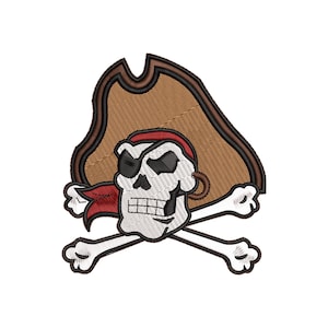 May include: An embroidered patch featuring a tan pirate hat with a dark brown border, positioned above a white skull wearing a black eye patch and a red bandana, with two white crossed bones underneath the skull, all outlined in dark brown thread.