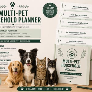 May include: A multi-pet household planner with 15 pages, featuring a cover with a house and paw print icon. The planner is displayed alongside a golden retriever, a border collie, a tabby cat, and a black and white cat. Text includes "Multi-Pet Household Planner" and "One Home - All Your Pets."