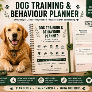 Peut inclure: Un planificateur de dressage et de comportement canin à reliure spirale avec un élastique vert, présentant un golden retriever, diverses mises en page imprimables et le texte "Dog Training & Behaviour Planner" et "15 Printable Pages."