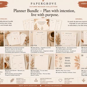 Puede incluir: Un paquete de planificadores digitales de la colección Papergrove Autumn Meadow que incluye diez secciones distintas con diseños diarios, semanales y mensuales, páginas de notas y rastreadores de autocuidado con ilustraciones botánicas.