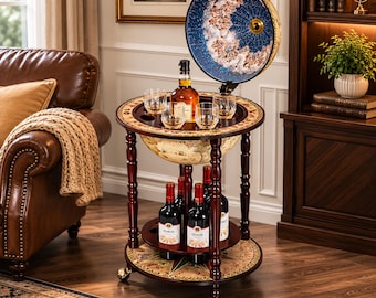 Vintage Globe Bar Cart – 17.5" Liquor Cabinet with Old World Map, Rolling Wine Stand