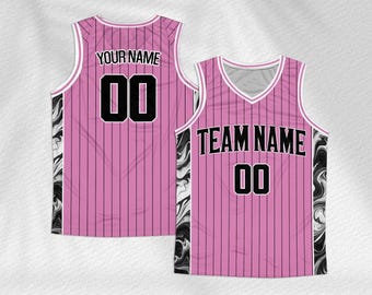 Camisa de basquete personalizada com nome e número do time, camisa listrada para homens e mulheres, estampa de mármore rosa e branco, unissex.
