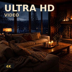 May include: A cozy living room scene with a lit fireplace, a large sectional sofa, and a wooden coffee table. The room is illuminated by warm lighting, including candles and lamps. The text "ULTRA HD VIDEO" and "4K" are visible.