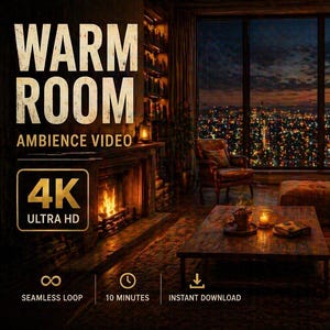 May include: A cozy living room scene with a fireplace, bookshelves, and a large window overlooking a city at dusk. The text "WARM ROOM AMBIENCE VIDEO" and "4K ULTRA HD" are visible.